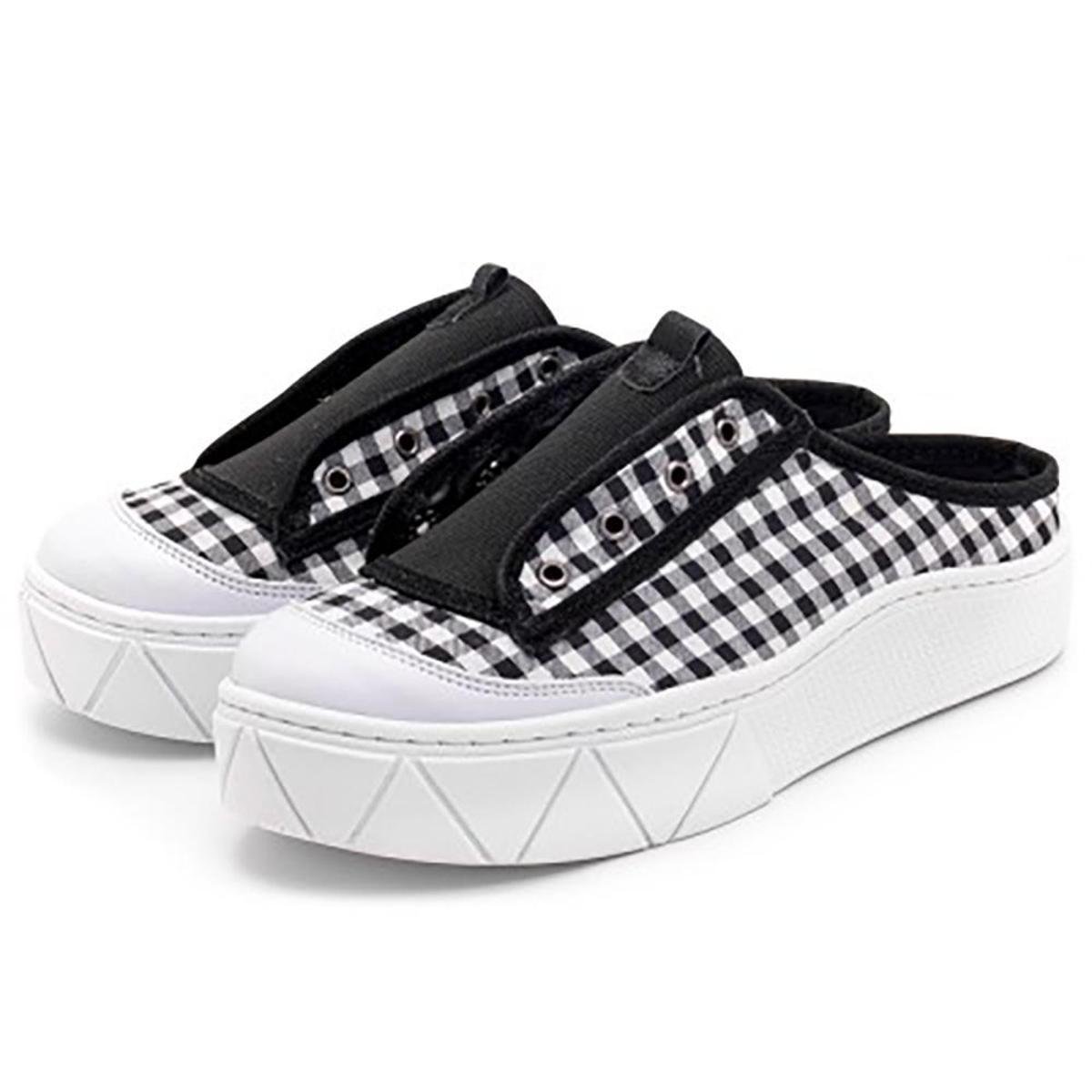 Tenis Mule Feminino Em Tecido Xadrez Com Sola Caixa Preto Branco Sciaky