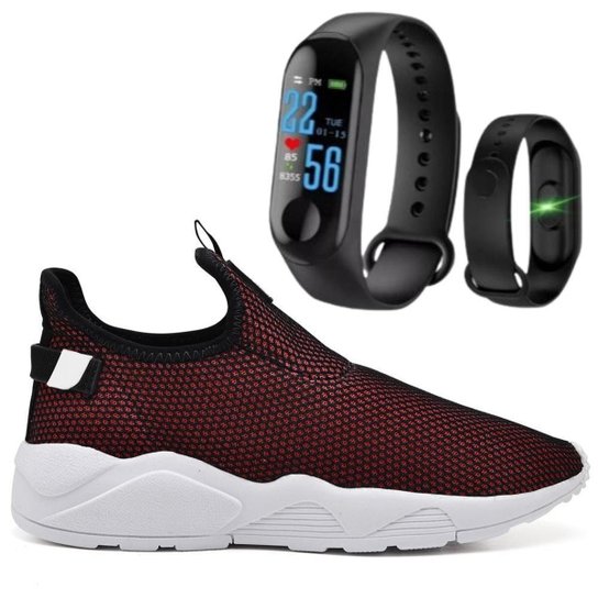 Tênis Nylon Caminhada Macio Confortável Fitness Academia + Pulseira Inteligente M3 - Vermelho Menor preço em Tênis Nylon Caminhada Macio Confortável Fitness Academia + Pulseira Inteligente M3 - Vermelho