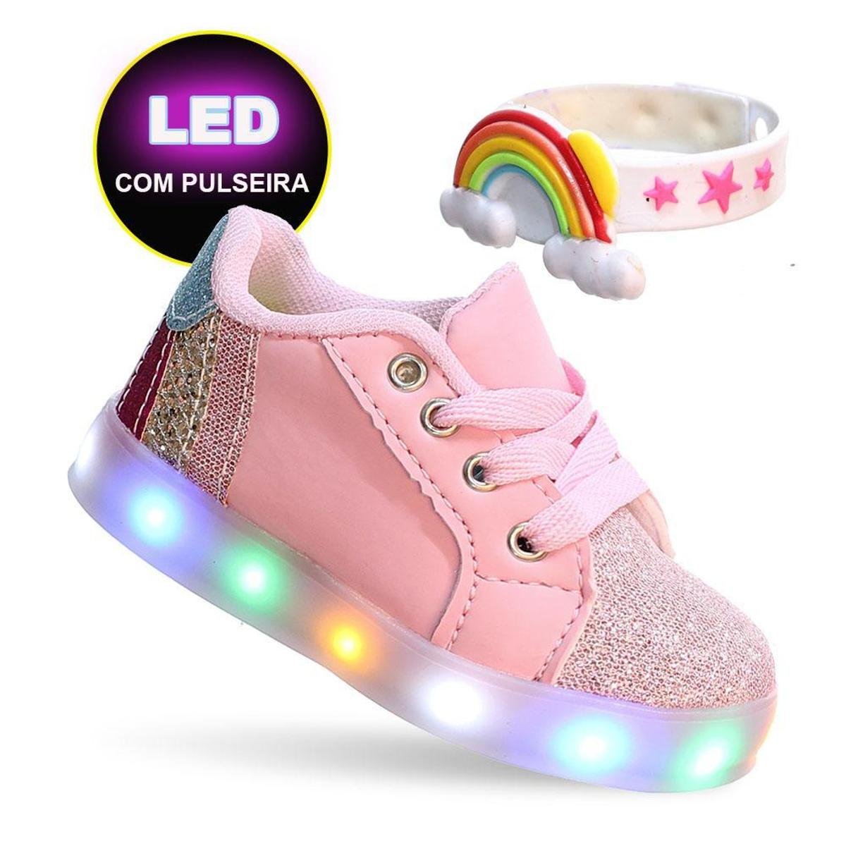 Tenis Pemania Infantil Feminino Meninas Arco Iris Luz Led Com Pulseira Rosa Menor preço em Tenis Pemania Infantil Feminino Meninas Arco Iris Luz Led Com Pulseira Rosa