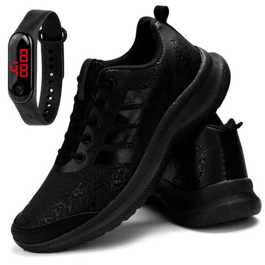 Tênis Polo Masculino Ultra Leve Corrida SF Outlet + Relógio Digital Preto - Preto Menor preço em Tênis Polo Masculino Ultra Leve Corrida SF Outlet + Relógio Digital Preto - Preto