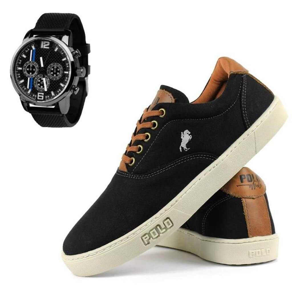 Tênis Polo White Em Lona + Relógio