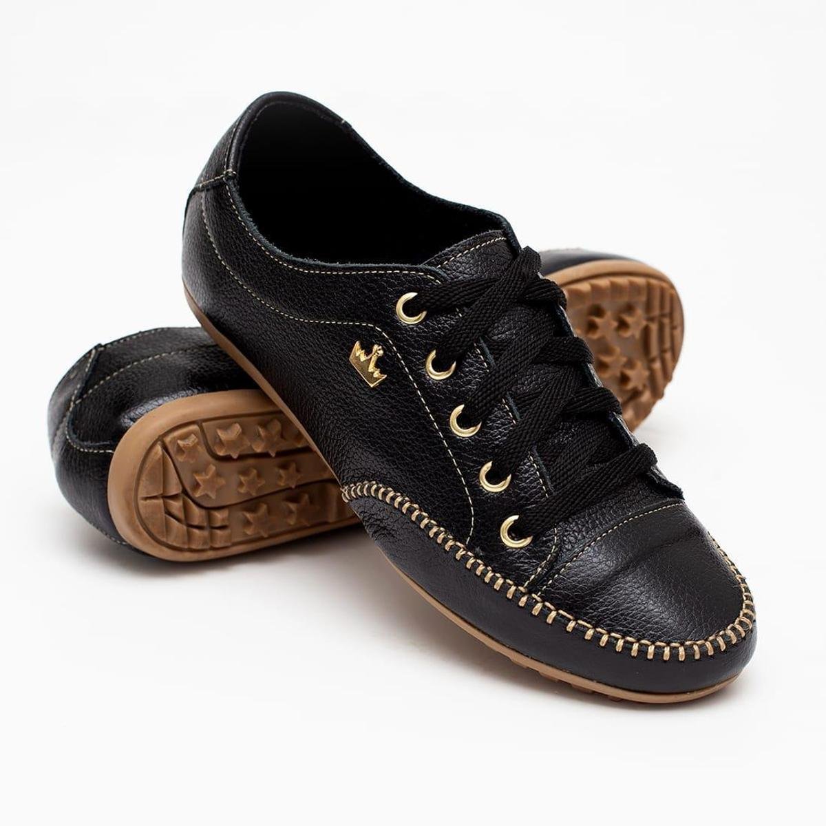 Tênis Sapatenis Casual Feminino Couro Legítimo Preto Netshoes