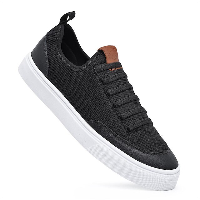 Tenis Sapatenis Masculino Preto Casual Cano Baixo Nylon Sola Reta Leve Confortável