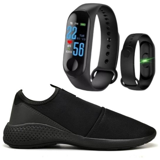 Tênis Sapatilha Caminhada Macio Confortável Fitness Academia + Pulseira Inteligente M3 - Preto Menor preço em Tênis Sapatilha Caminhada Macio Confortável Fitness Academia + Pulseira Inteligente M3 - Preto
