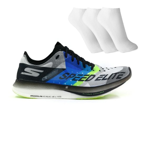 Tênis Skechers Go Run Speed Elite + 3 Pares de Meia - Preto+Azul Menor preço em Tênis Skechers Go Run Speed Elite + 3 Pares de Meia - Preto+Azul