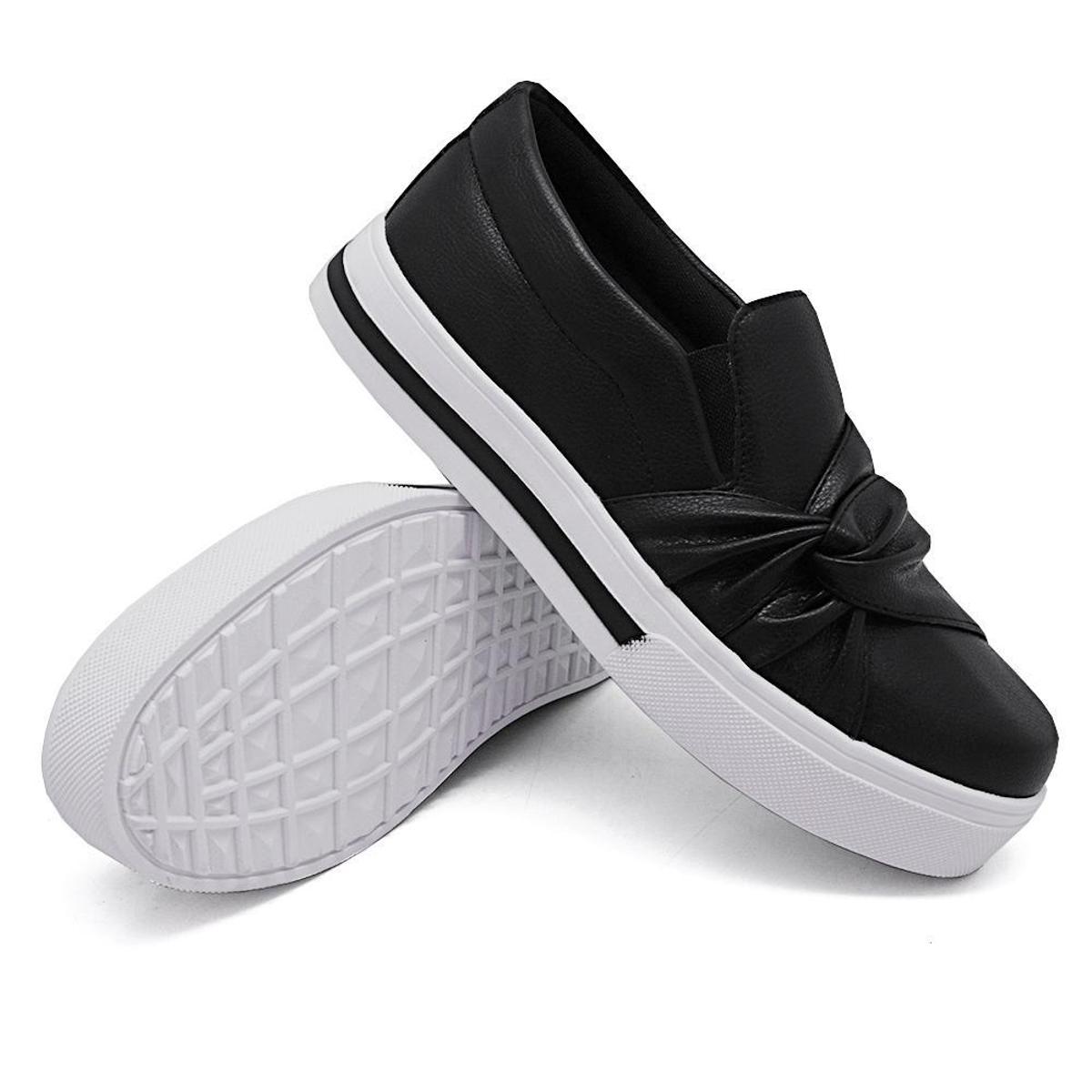 Tenis Slip On Casual Feminino Detalhe Tiras com Nó Lateral e Sola Alta ...