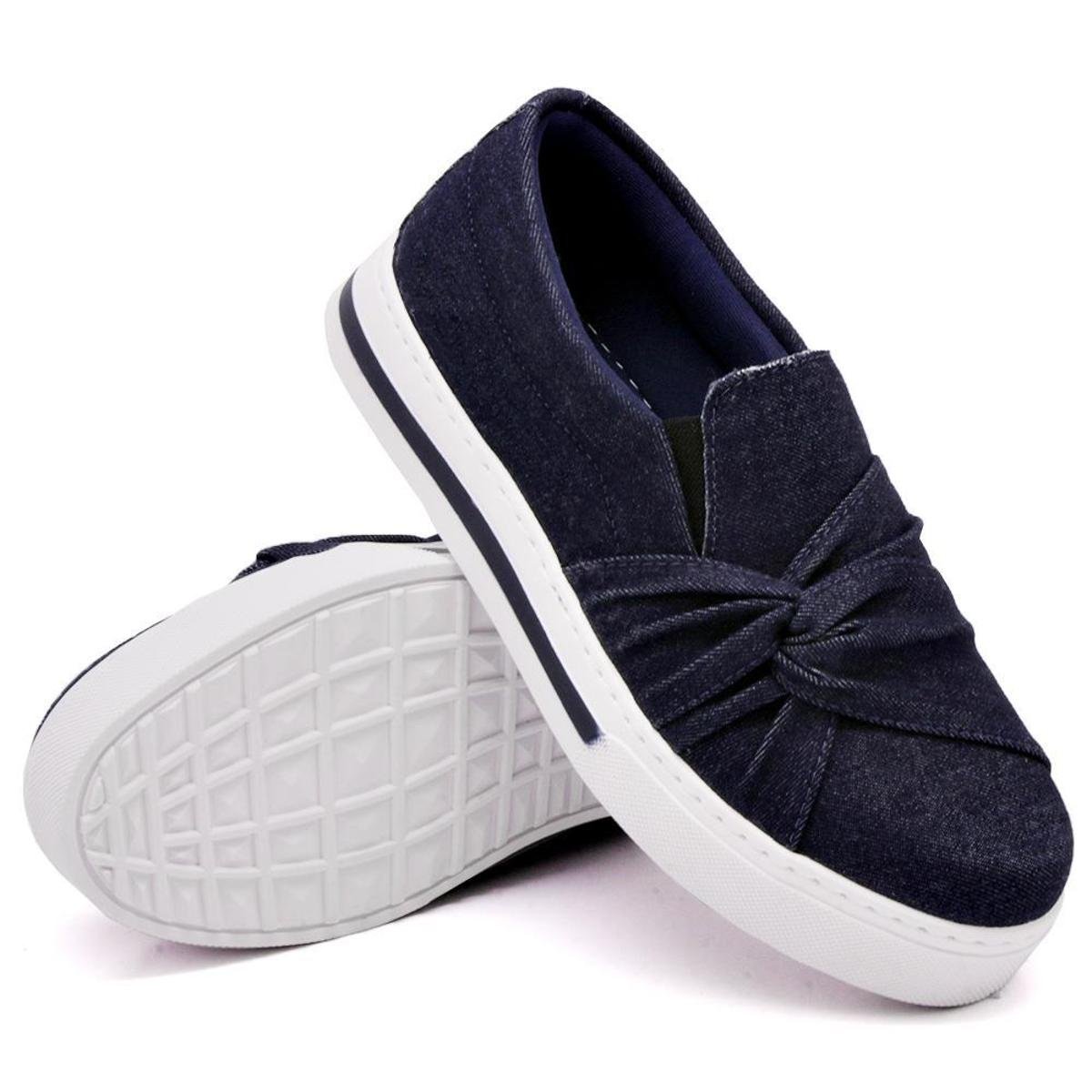 Tenis Slip On Casual Feminino Detalhe Tiras com Nó Lateral e Sola Alta Reta Menor preço em Tenis Slip On Casual Feminino Detalhe Tiras com Nó Lateral e Sola Alta Reta