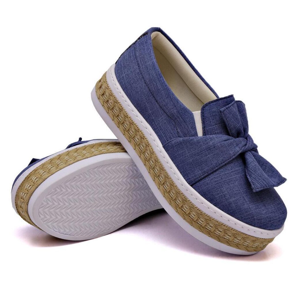 Tênis Slip On Feminino Casual Macio Laço Frontal e Sola Borracha com Palha