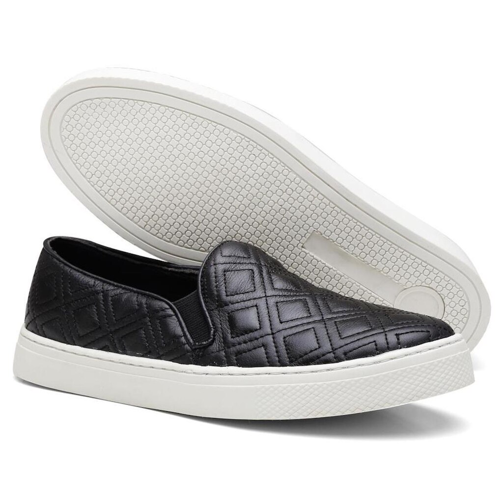 Tênis Slip On Feminino Couro Com Textura Casual Conforto