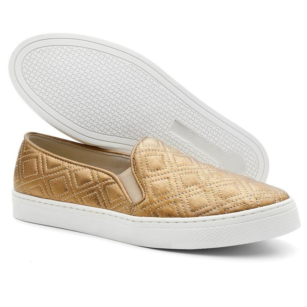 Tênis Slip On Feminino Couro Com Textura Casual Conforto