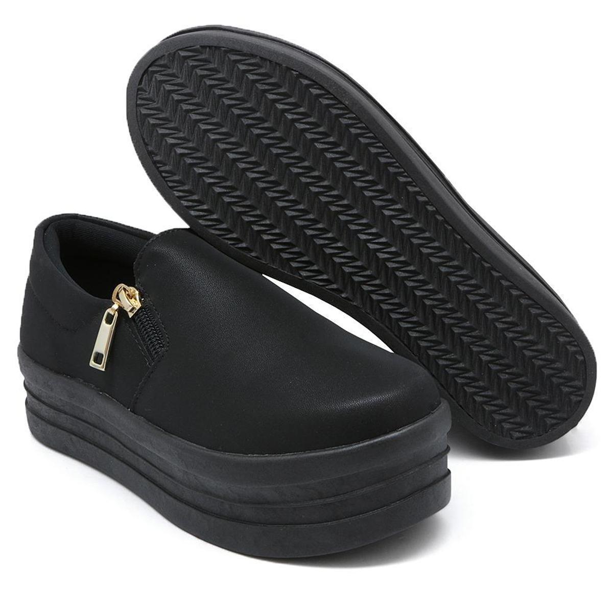 Tênis Slip On Liso Feminino com Ziper Lateral e Sola Borracha Robusta ...
