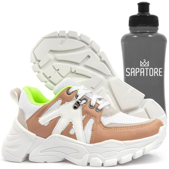 Tênis Sneaker Feminino Salto Chunky Dad Blogueira E Squeeze - Branco+Verde Menor preço em Tênis Sneaker Feminino Salto Chunky Dad Blogueira E Squeeze - Branco+Verde