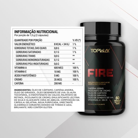 Termogênico fire para energia e foco pote 60 capsulas topway