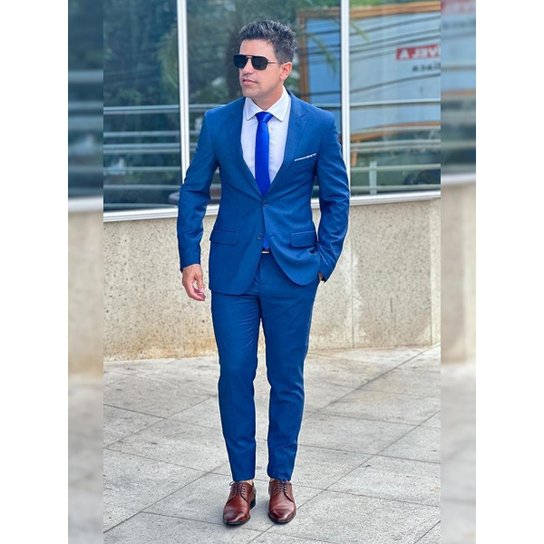 Terno Masculino Azul Prussia Super Slim de Poliviscose Com Elastano - Azul Menor preço em Terno Masculino Azul Prussia Super Slim de Poliviscose Com Elastano - Azul