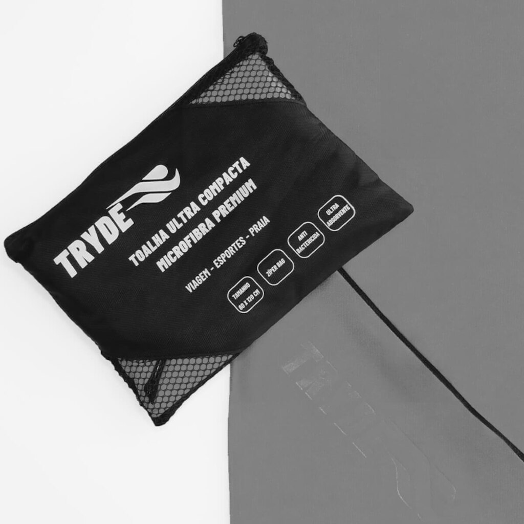 Toalha Microfibra Secagem Rápida 1,20mx60cm Ziper Tryde Cinza