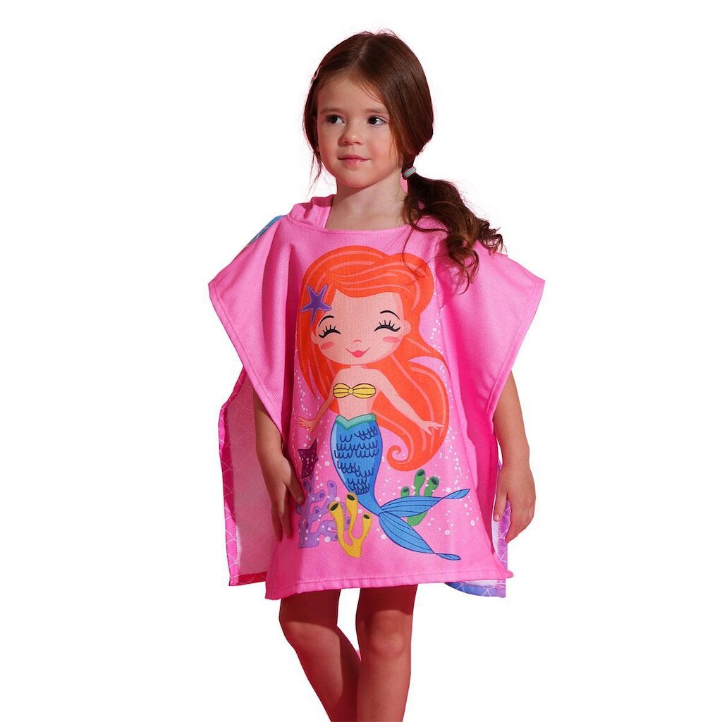 Toalha Poncho de Praia Bebê com Capuz Sereia Rosa Everly