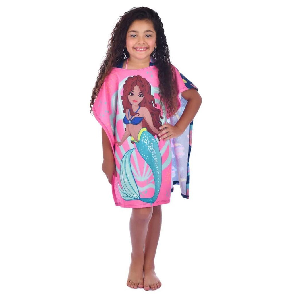 Toalha Poncho Infantil com Capuz Sereia Marinho Everly