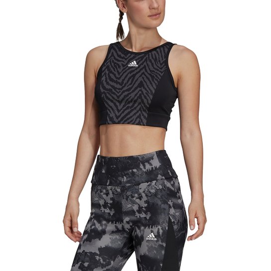 Top Adidas Designed To Move Cropped Zebra Média Sustentação - Preto+Cinza Menor preço em Top Adidas Designed To Move Cropped Zebra Média Sustentação - Preto+Cinza