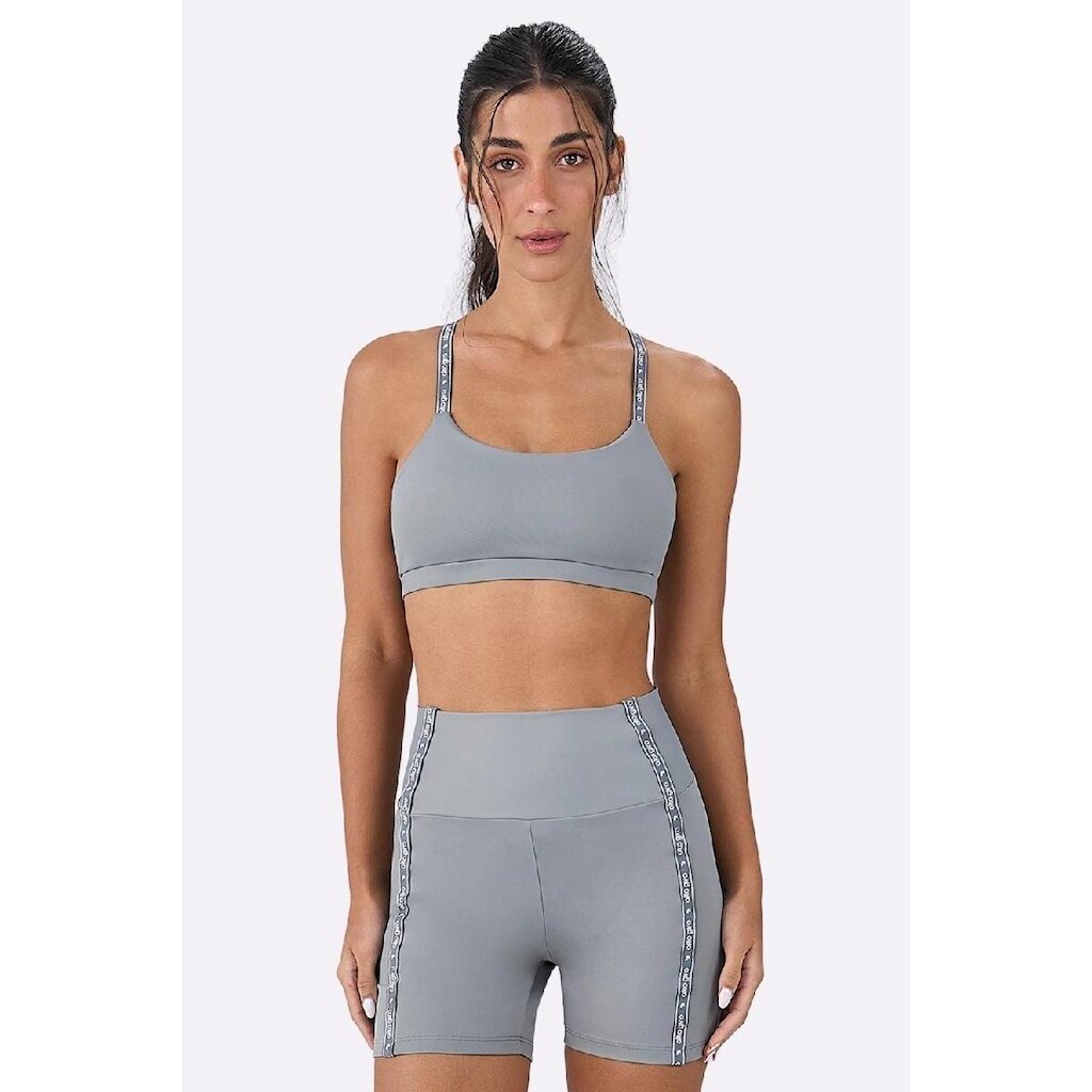 Top Alto Giro Nadador Elástico Feminino Cinza Sky