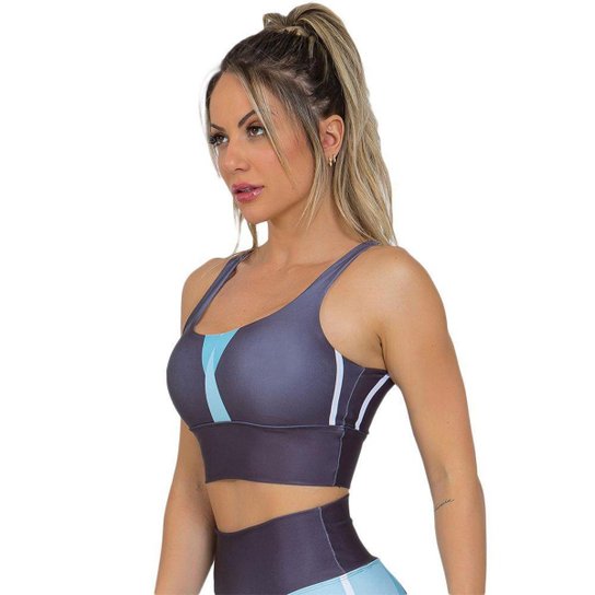 Top Feminino Fitness Black Stripes Preto Azul - Preto+Azul