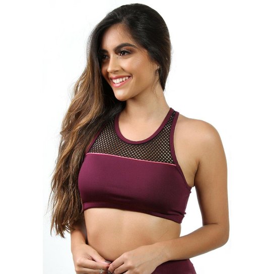 Top Feminino Fitness com Tela e Bojo - Vinho Menor preço em Top Feminino Fitness com Tela e Bojo - Vinho