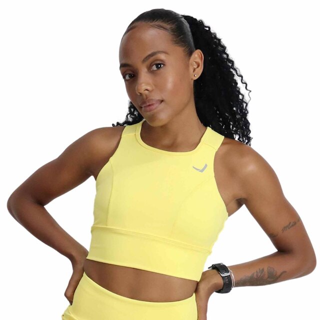 Top Feminino Indrills de Corrida Com sustentação e Bolsos Running Amarelo