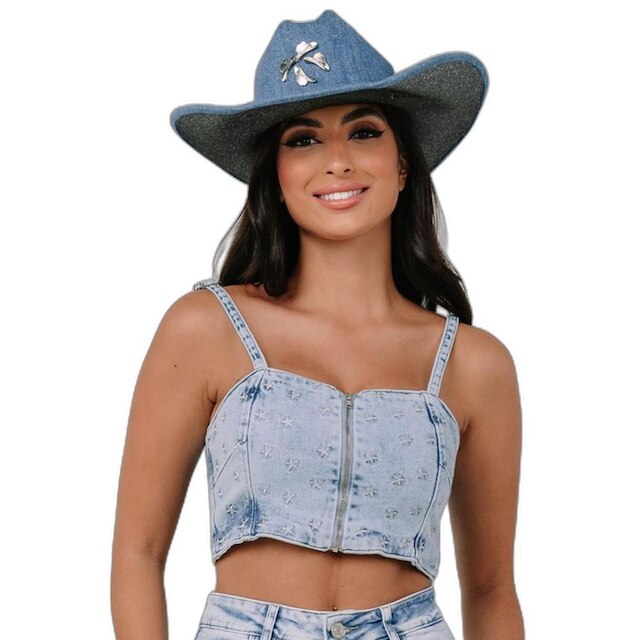 TOP JEANS COM ZÍPER FRONTAL E BORDADO ESTRELA 23945