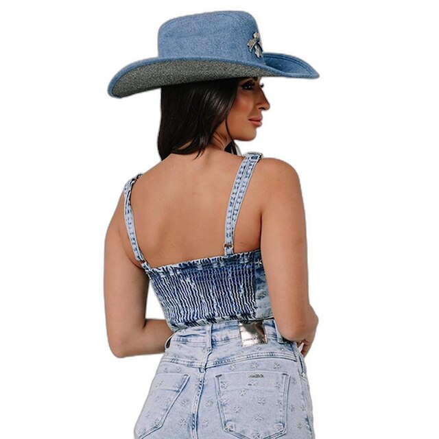 TOP JEANS COM ZÍPER FRONTAL E BORDADO ESTRELA 23945