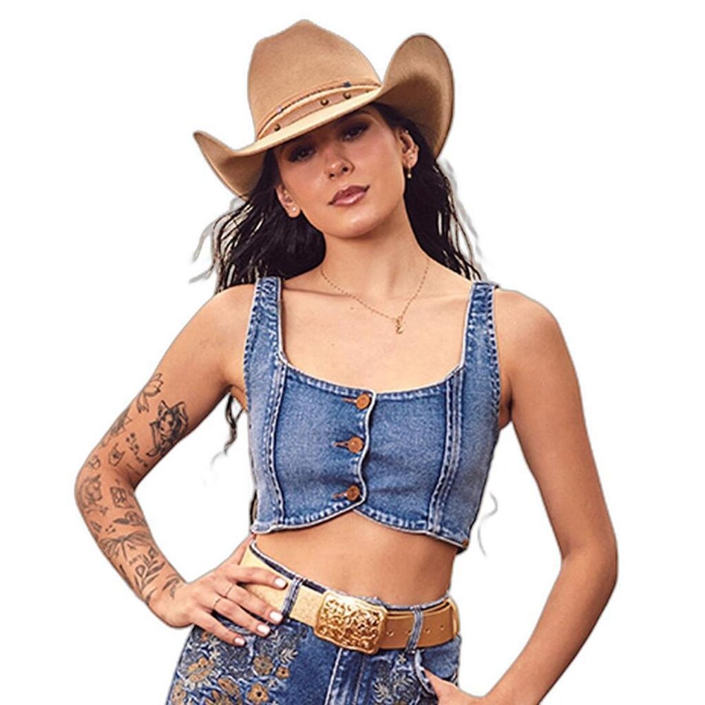 TOP JEANS FEMININO COM ALÇA E BOTÕES