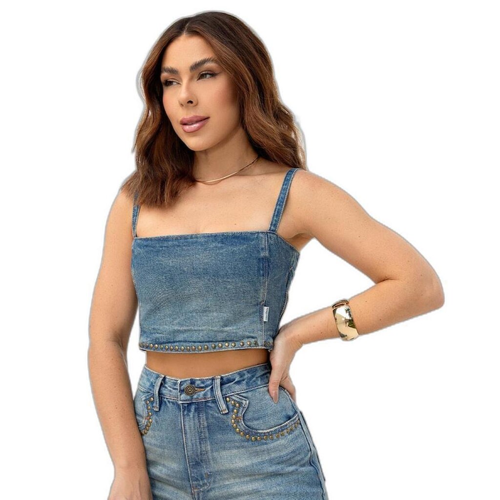 TOP JEANS FEMININO COM APLICAÇÃO