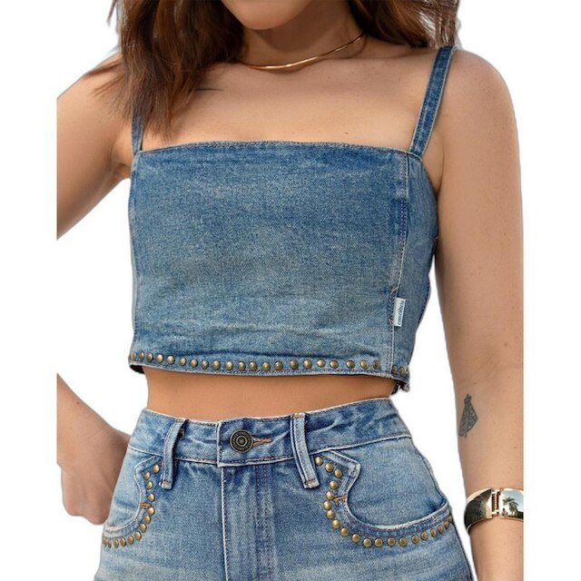 TOP JEANS FEMININO COM APLICAÇÃO