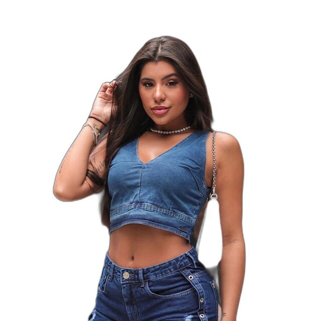 TOP JEANS FEMININO MÉDIO CROPPED COM DECOTE V 21275