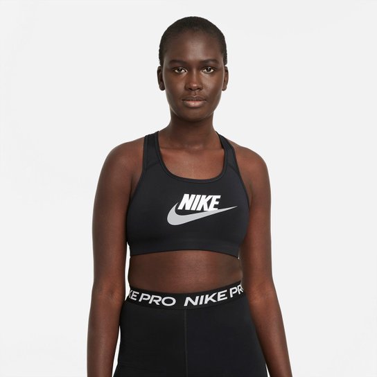 Top Nike Dri-FIT Swoosh Futura Feminino - Preto+Branco Menor preço em Top Nike Dri-FIT Swoosh Futura Feminino - Preto+Branco