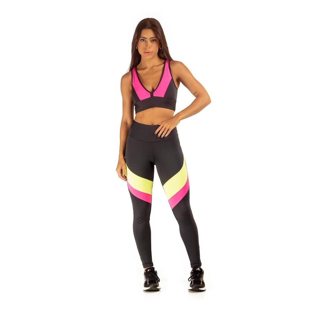 TOP SIMARA PRETO COM AMARELO NEON E ROSA P