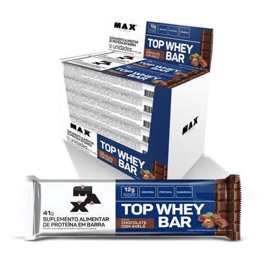 Top Whey Bar - 12 Unidades de 41g Chocolate com Avelã - Max Titanium Menor preço em Top Whey Bar - 12 Unidades de 41g Chocolate com Avelã - Max Titanium