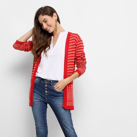 Tricô Cantão Estampado Aberto Feminino - Vermelho
