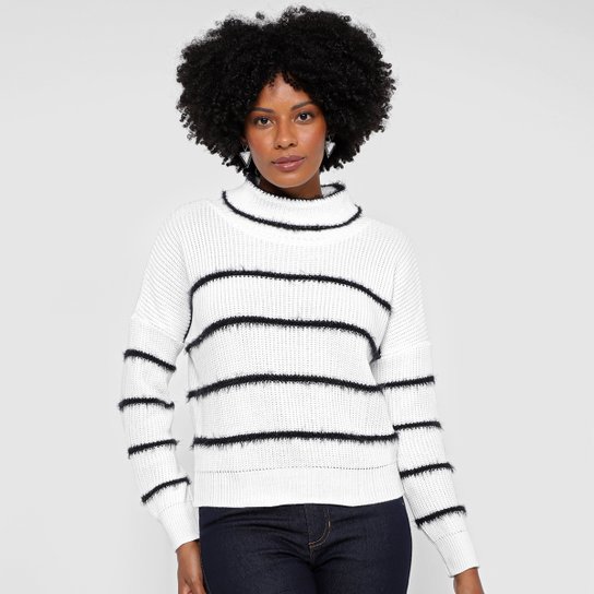 Tricô Mercatto Gola Alta Listras Feminino - Off White