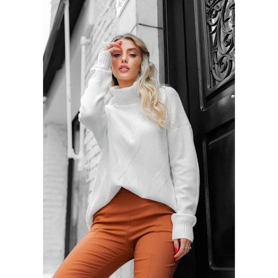 Tricot Gola Alta com Detalhes Na Trama do Tecido - Off White