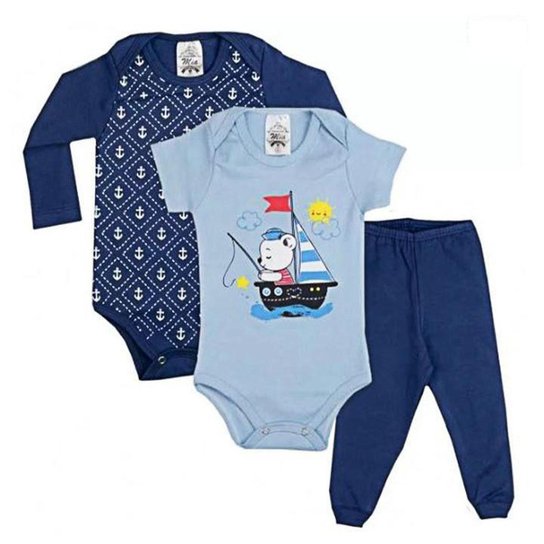 Trio Bebê Menino Body e Calça Ursinho Marinheiro Azul - Azul Menor preço em Trio Bebê Menino Body e Calça Ursinho Marinheiro Azul - Azul