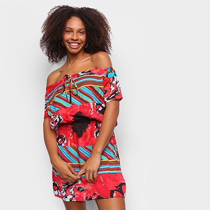 Vestido Água Viva Ombro a Ombro Estampado - Feminino
