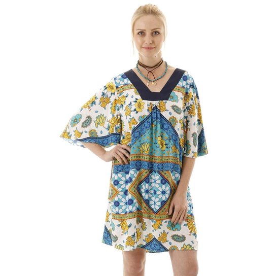 Vestido AHA Ampla Recorte na Pala Lisa Feminina - Azul+amarelo