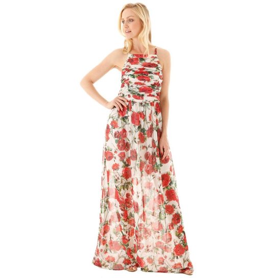 Vestido AHA Floral Franzido e Alças Finas Feminina - Off white+Rosa