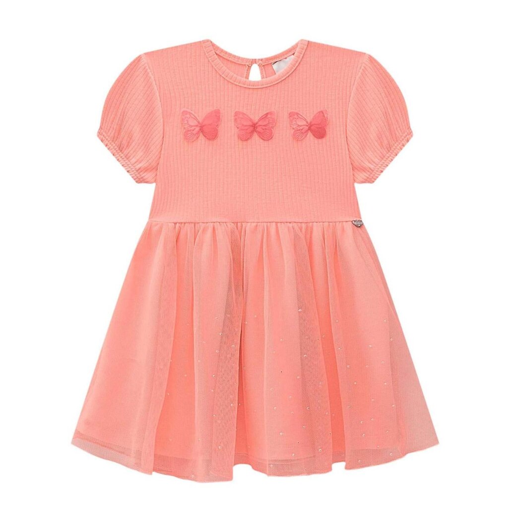 Vestido Bebê Canelado Tule Laranja Neon Kukiê