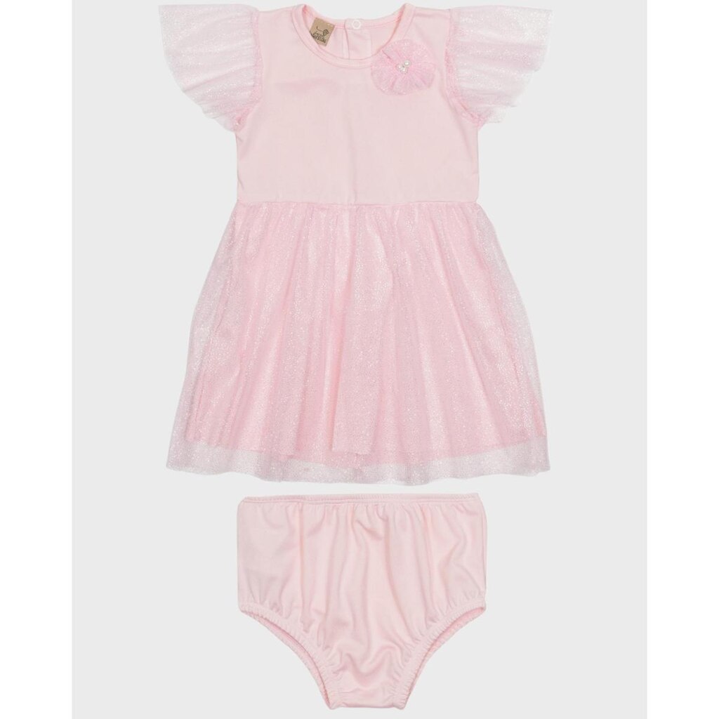 Vestido bebê tule com glitter de flor e verão leve brilho calcinha inclusa - Bebê 3 a 18 meses