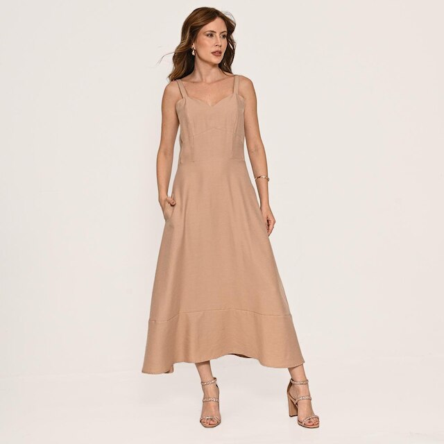 Vestido Bisô Alfaiataria Marrant Midi Liso Bege