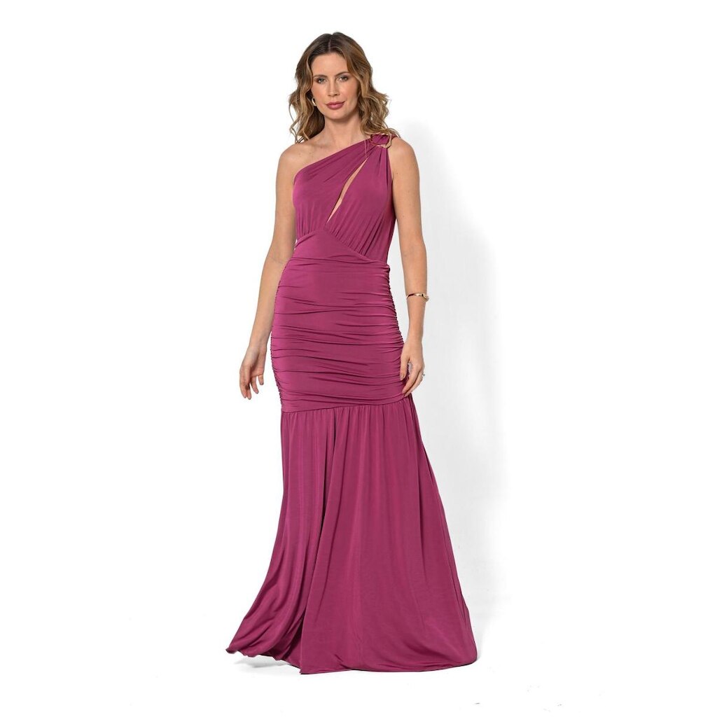Vestido Bisô Jersey Longo Com Fivela Fúcsia