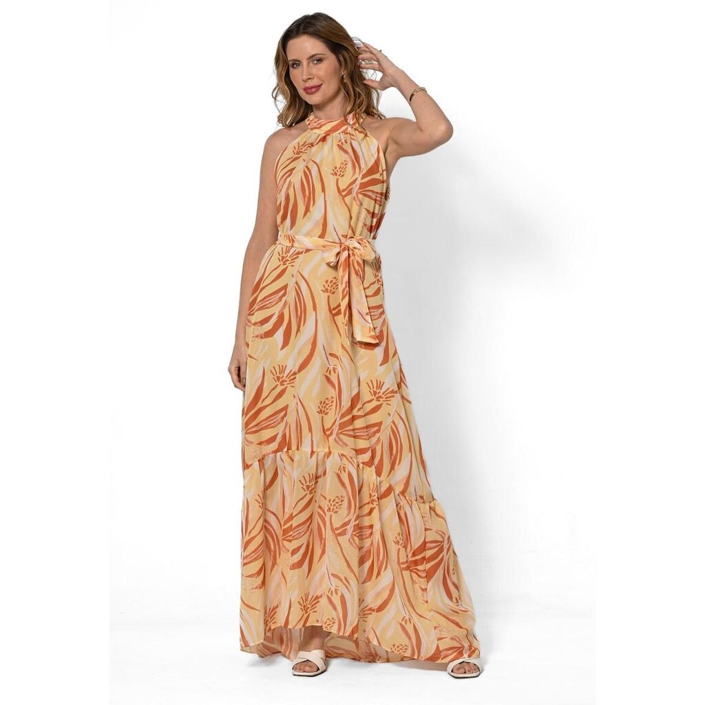 Vestido Bisô Longo Babado Estampado Amarelo