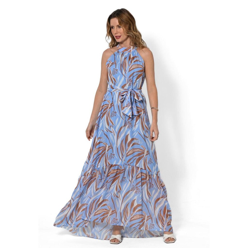 Vestido Bisô Longo Babado Estampado Azul
