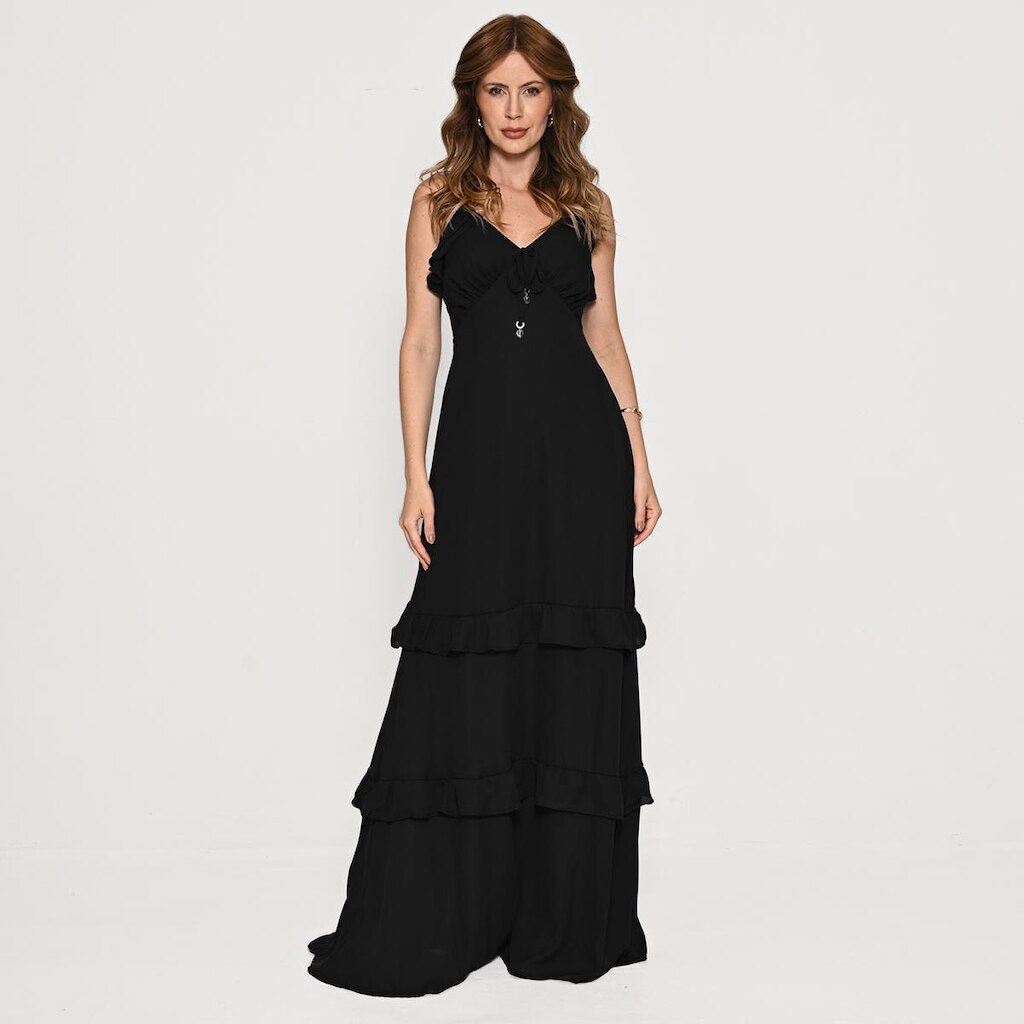 Vestido Bisô Longo Crepe Babados reto - P