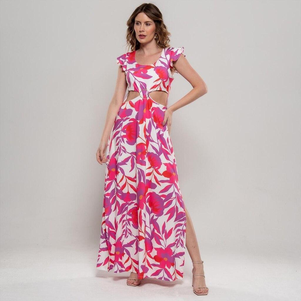 Vestido Bisô Longo Estampado Rosa/Violeta